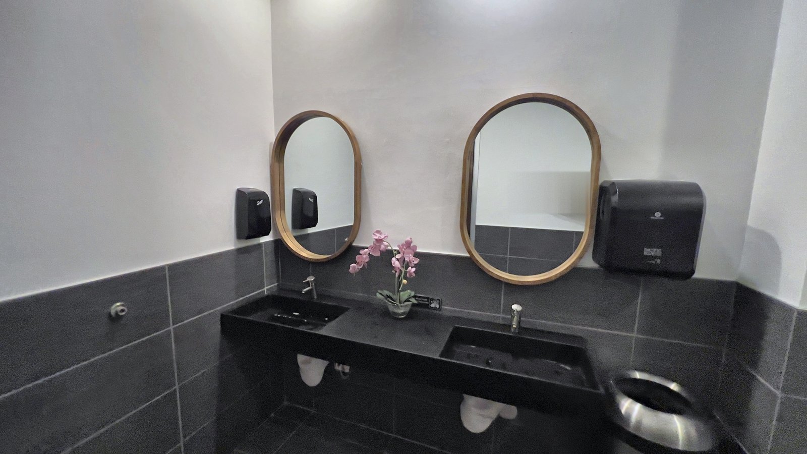 Commercial restroom with new black sink, faucets and two oval mirrors — Sola Salons Altamonte Springs FL